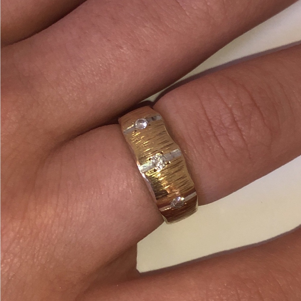 Solid Stamped 14K Yellow Gold Natural Diamond Vintage Textured Modern Band Ring